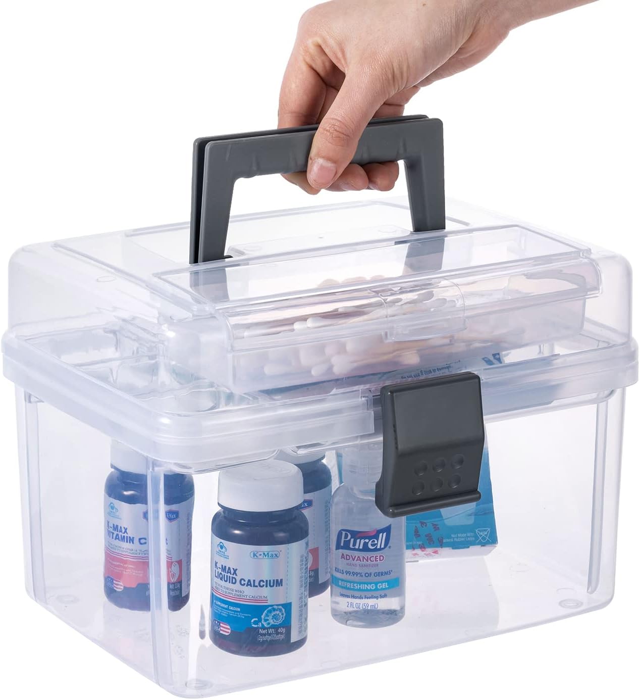 MyGift Premium Clear First Aid Kit Bin with Detachable Tray and Gray Top Handle, Portable Emergency Kit, Medical Supply Travel Tote, Medicine Storage Box Container