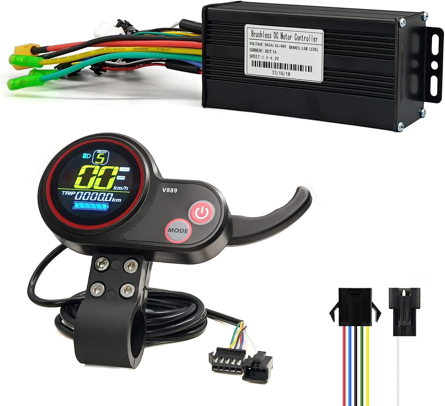 Electric Scooter Ebike 26A/30A Sine Wave Controller with LCD V889 Display for 1000W Hub Motor Electric Bike Accessories