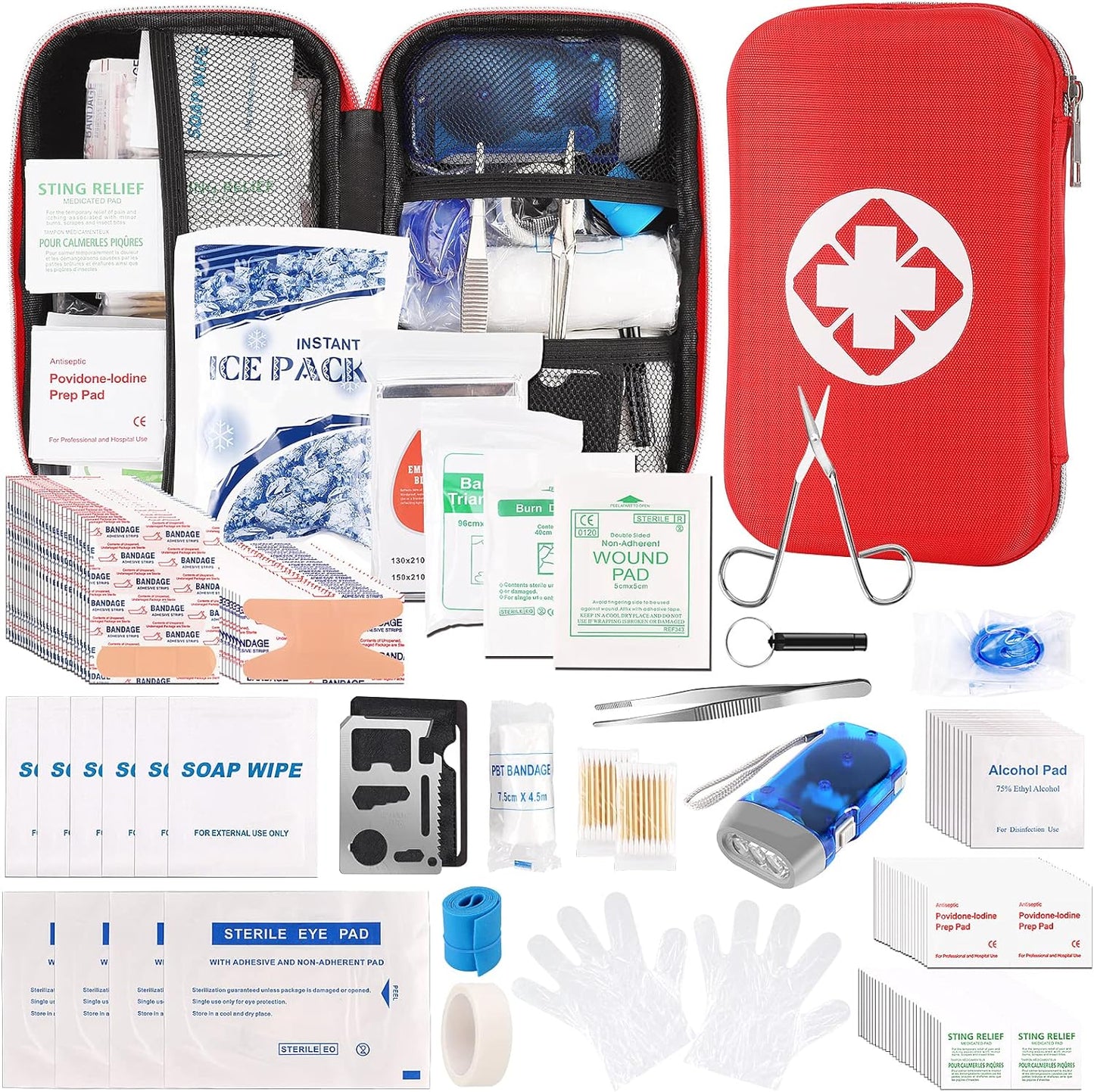 Small First Aid Kit, 300PCS Essential Emergency Trauma Medical Supplies Packed in a Red Waterproof Box, Perfect for Car Home Office Travel Outdoor Camping Hiking (Red)