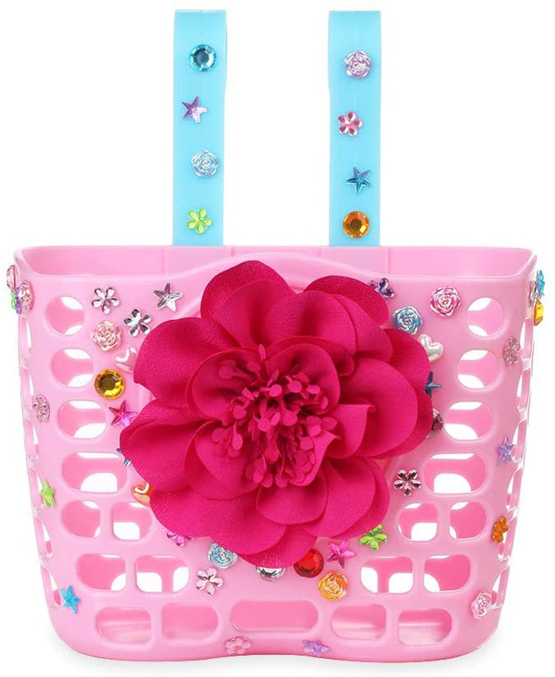 MINI-FACTORY Kid'S Bike Basket, Cute Flower + Bling DIY Crystal Stickers Bicycle Front Handlebar Basket for Kid Girls (White)