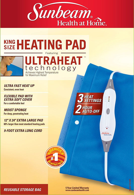 Sunbeam 722-810 King Size Heating Pad w/UltraHeat™ Technology, Blue, 12" x 24"