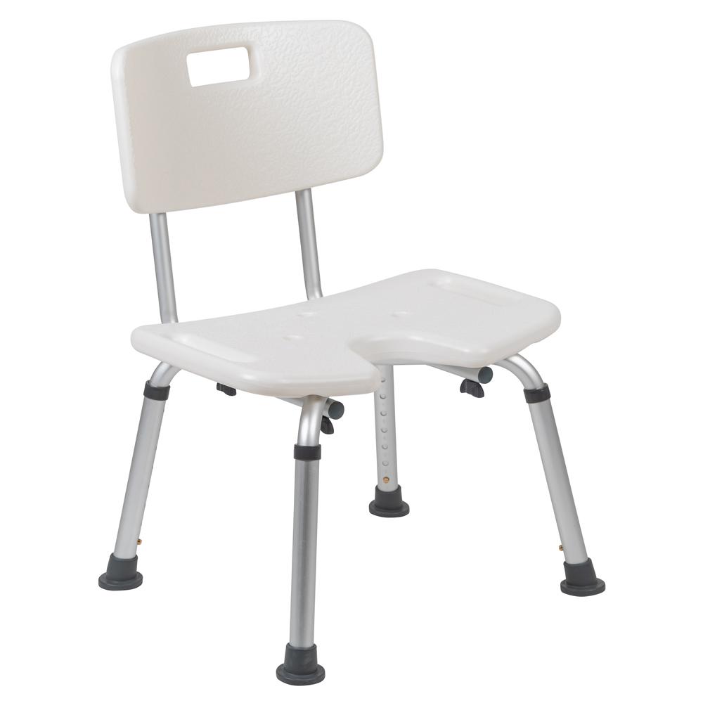 HERCULES Series Tool-Free and Quick Assembly, 300 Lb. Capacity, Adjustable White Bath & Shower Chair with U-Shaped Cutout