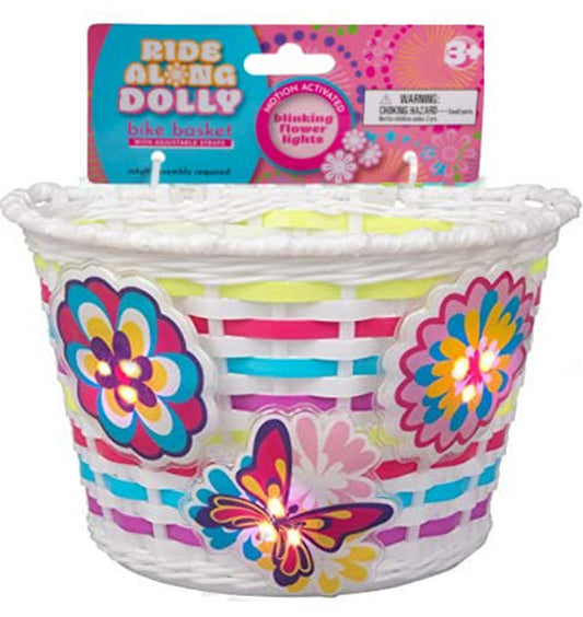 Ride along Dolly Bike Basket for Girls with Lightups - Kid'S Bicycle Basket Accessories Gifts with Three Motion Activated Blinking Flowers and Butterfly - Perfect for Snacks, Dolls, Bears, and More!