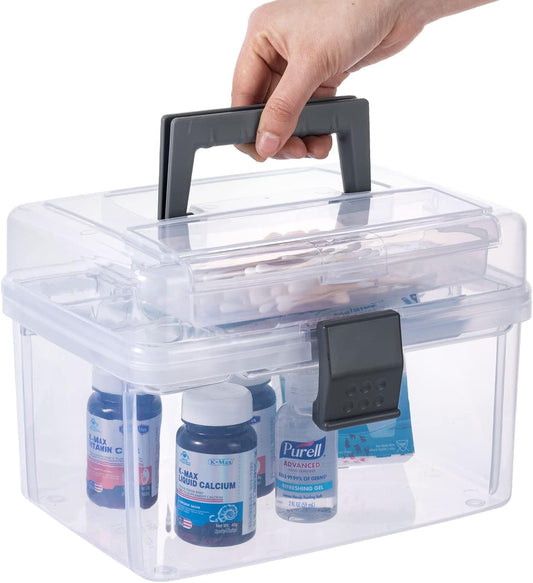 MyGift Premium Clear First Aid Kit Bin with Detachable Tray and Gray Top Handle, Portable Emergency Kit, Medical Supply Travel Tote, Medicine Storage Box Container