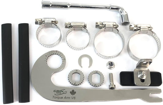 New V6 Universal Ebike Torque Arm - Front and Rear, 12mm and 14mm Axles, Hardened Insert, Frame Mounted with Hose Clamps