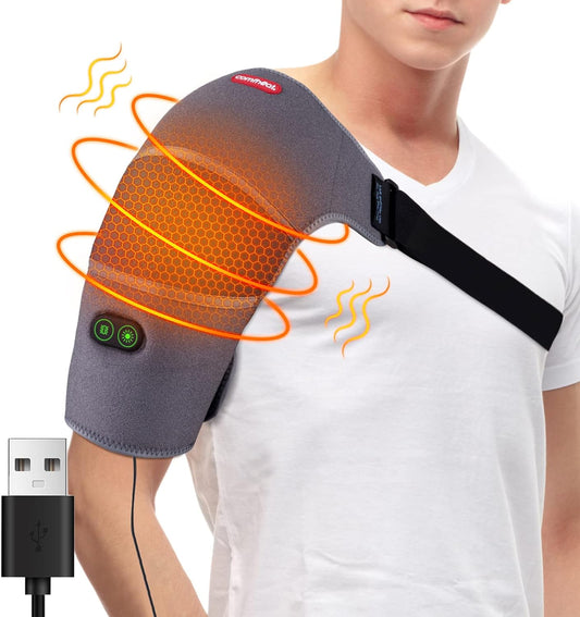 USB Heated Shoulder Wrap with Vibration Massage for Rotator Cuff Pain Upper Arm Muscle Relief Shoulder Heating Pad Massager Adjustable Temperature Men Women for Travel (Not Chargeable)