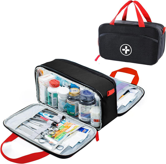 Full Open Medicine Bag Empty, Family First Aid Bag, Small Medicine Storage Bag,Pill Bottle Organizer for Emergency Medical Supplies, First Aid Box,First Aid Kit Bag, Black (Bag Only)