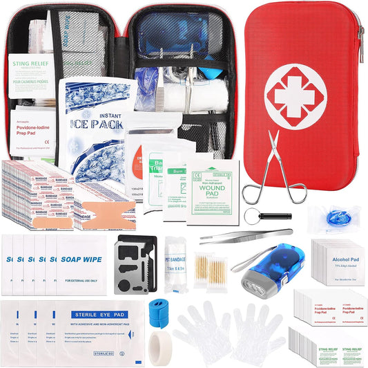 Small First Aid Kit, 300PCS Essential Emergency Trauma Medical Supplies Packed in a Red Waterproof Box, Perfect for Car Home Office Travel Outdoor Camping Hiking (Red)