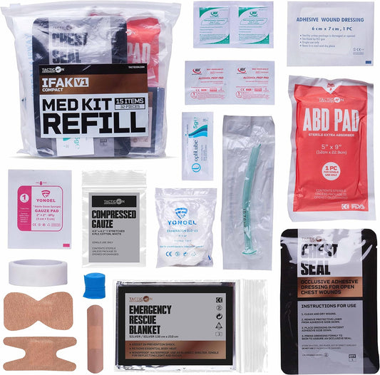 TACTICON V1 IFAK | Tactical Trauma Refill Kit | First Aid | Vented Chest Seal | Combat Tourniquet | Compressed Gauze | NPA Nasopharyngeal Airway | Bandages | Medical Tape | Gloves | Emergency Supplies