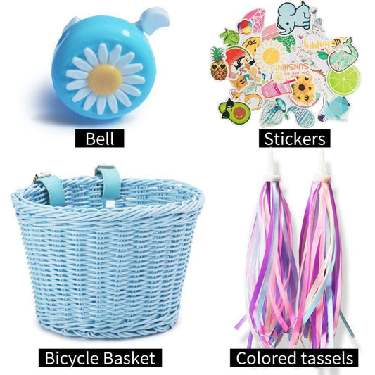 Girls Bicycle Basket Streamers Set, Children'S Bike Handlebar Wicker Basket with Colorful Bike Streamers Bell and Stickers, Bike Decoration Accessories Kit