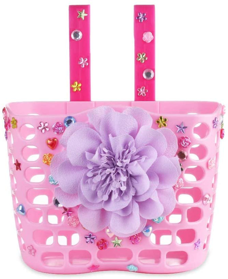 MINI-FACTORY Kid'S Bike Basket, Cute Flower + Bling DIY Crystal Stickers Bicycle Front Handlebar Basket for Kid Girls (White)