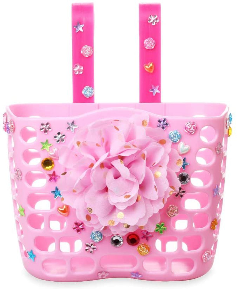 MINI-FACTORY Kid'S Bike Basket, Cute Flower + Bling DIY Crystal Stickers Bicycle Front Handlebar Basket for Kid Girls (White)